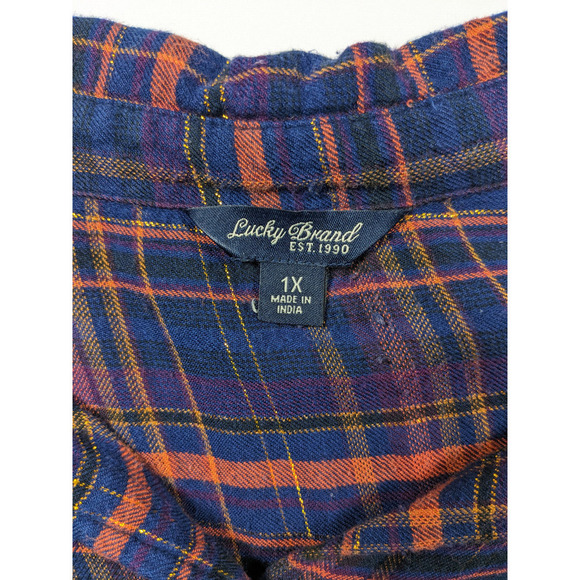 Lucky Brand Plaid Button Down Navy Blue Orange Gold Black Plus Size 1X Flannel - Picture 2 of 7